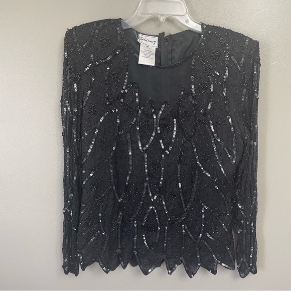 Stenay Tops - Vintage Stenay Sequin Beaded Black Top size Medium long sleeves wedding